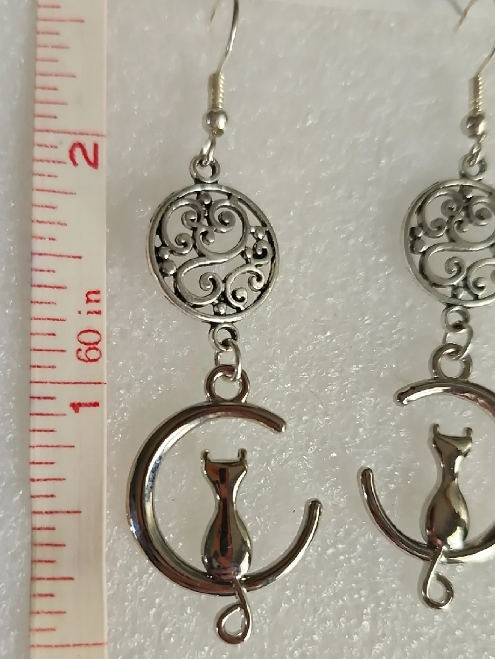 Hand Crafted Silver Cat Crescent Dangle Earrings